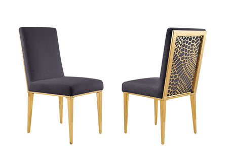 Shelly black velvet dining chair with gold stainless steel geometric backrest.