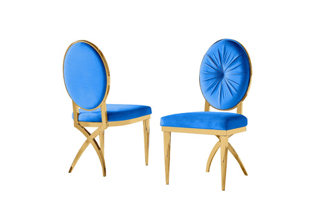 Side view of contemporary FOAK dining chair featuring blue velvet and cross-leg gold base.