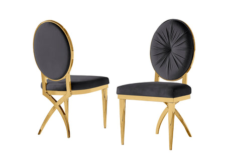 A set of FOAK Celeste modern dining chairs arranged around a contemporary table.
