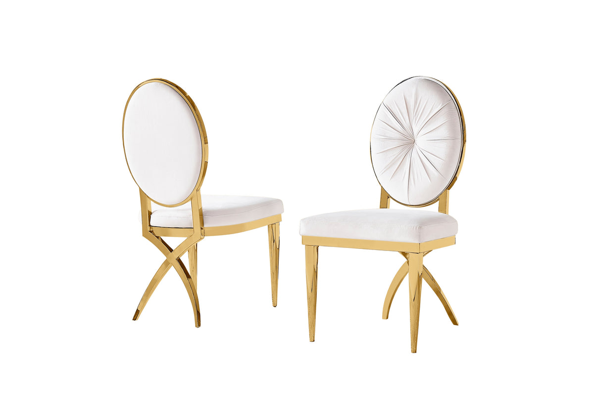 Celeste velvet dining chair with round backrest and polished gold metal frame.