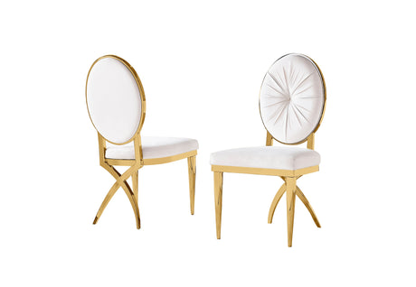 Celeste velvet dining chair with round backrest and polished gold metal frame.