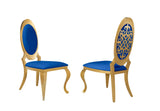 Blue velvet dining chair with gold metal frame and geometric backrest pattern