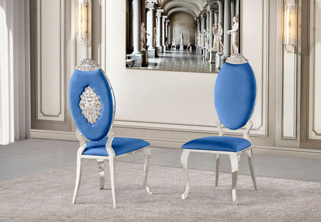 Rear view of the oval-back dining chair showing the structural silver metal frame and upholstery finish.