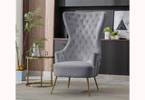 Destiny gray velvet accent chair with button tufting and gold metal legs