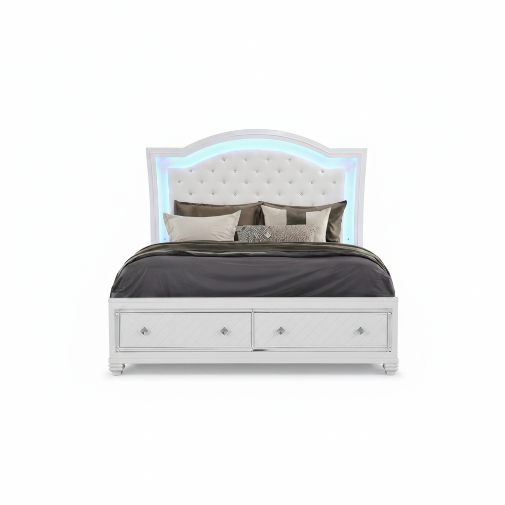 Shiney White Finish Bedroom Set with LED Headboard & Storage