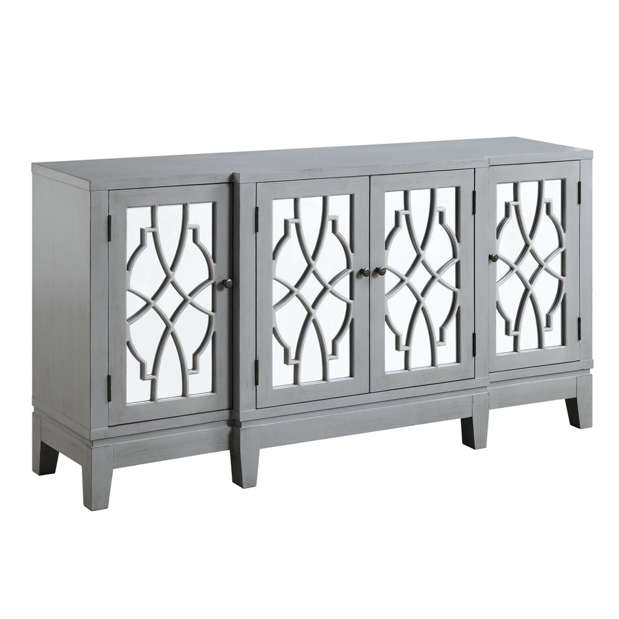 Magdi Console Cabinet - Patterned Mirror Doors & Tapered Legs in Antique Gray