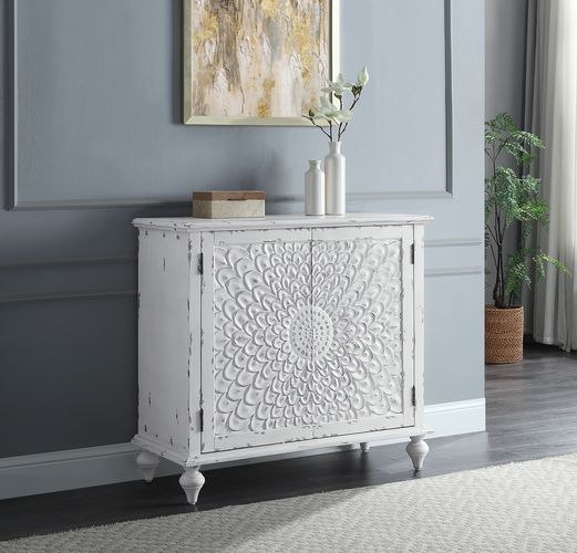 Daray Console Cabinet - Flower Pattern Doors & Bun Turned Legs in Antique White
