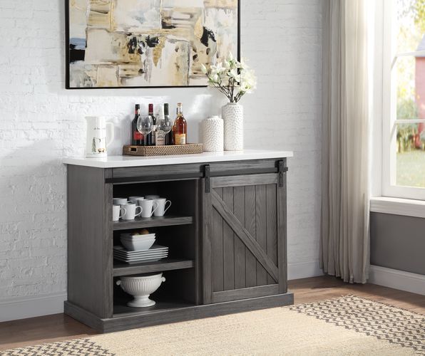 Gauri Kitchen Island - Marble Top & Sliding Barn Door in Gray Oak