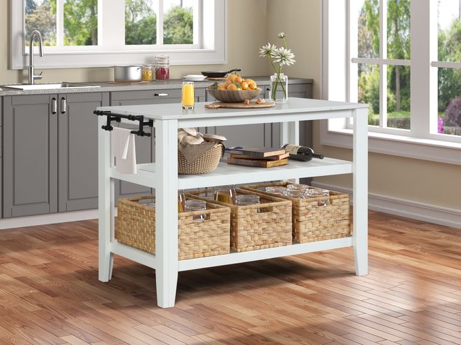 Sezye Kitchen Island - Marble Top with 3 Seagrass Baskets in White