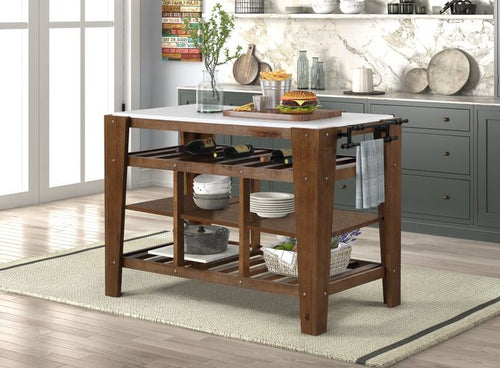 Alaroa Kitchen Island - Marble-Finish Top, 3-Tier Shelves & Towel Rod in Rustic Brown