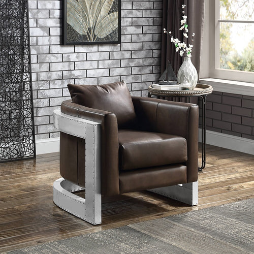 Betla Industrial Accent Chair - Top Grain Leather with Riveted Aluminum Frame in Espresso or Black