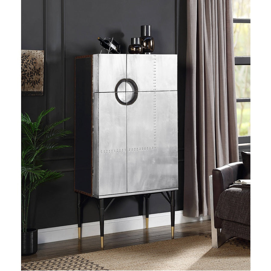 Yoela Riveted Aluminum Wine Cabinet - Patchwork Aluminum with Leather Stitch Trim