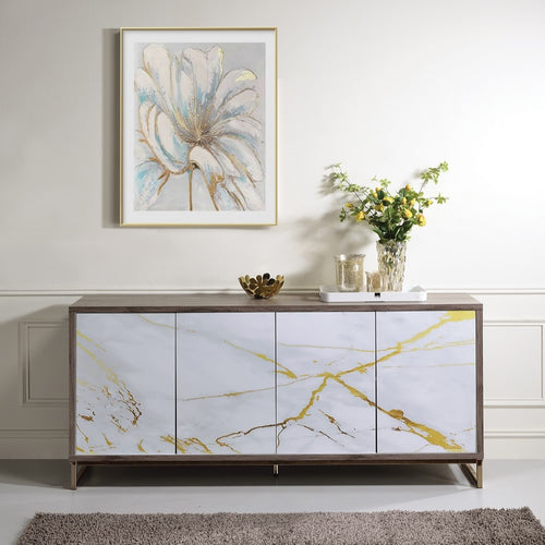 Paavan Console Cabinet - Faux Marble Doors & Champagne Base in White & Oak