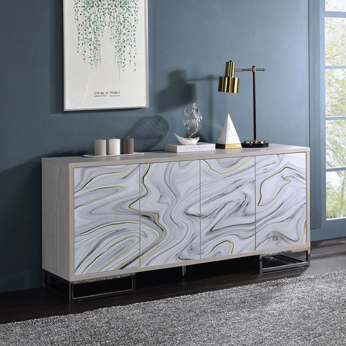 Panos Console Cabinet - Faux Marble Door Fronts & Chrome Accents in White
