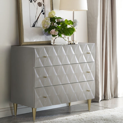 Anson 3-Drawer Console Cabinet - 3D Diamond-Pattern Fronts in Metallic Silver & Champagne