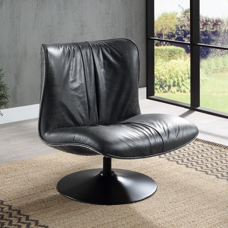 Piotr Swivel Accent Chair - Black Top Grain Leather & Metal Base