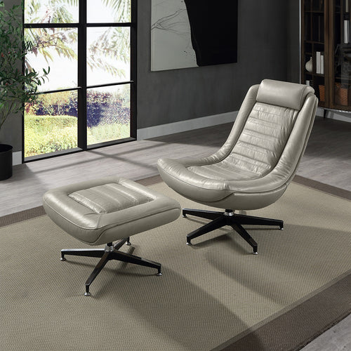 Piran Swivel Accent Chair & Ottoman - Contoured Top Grain Leather on Metal Base in Twilight
