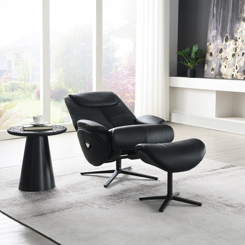 Labonita Swivel Accent Chair & Ottoman - Pocket Coil Seat in Black Top Grain Leather