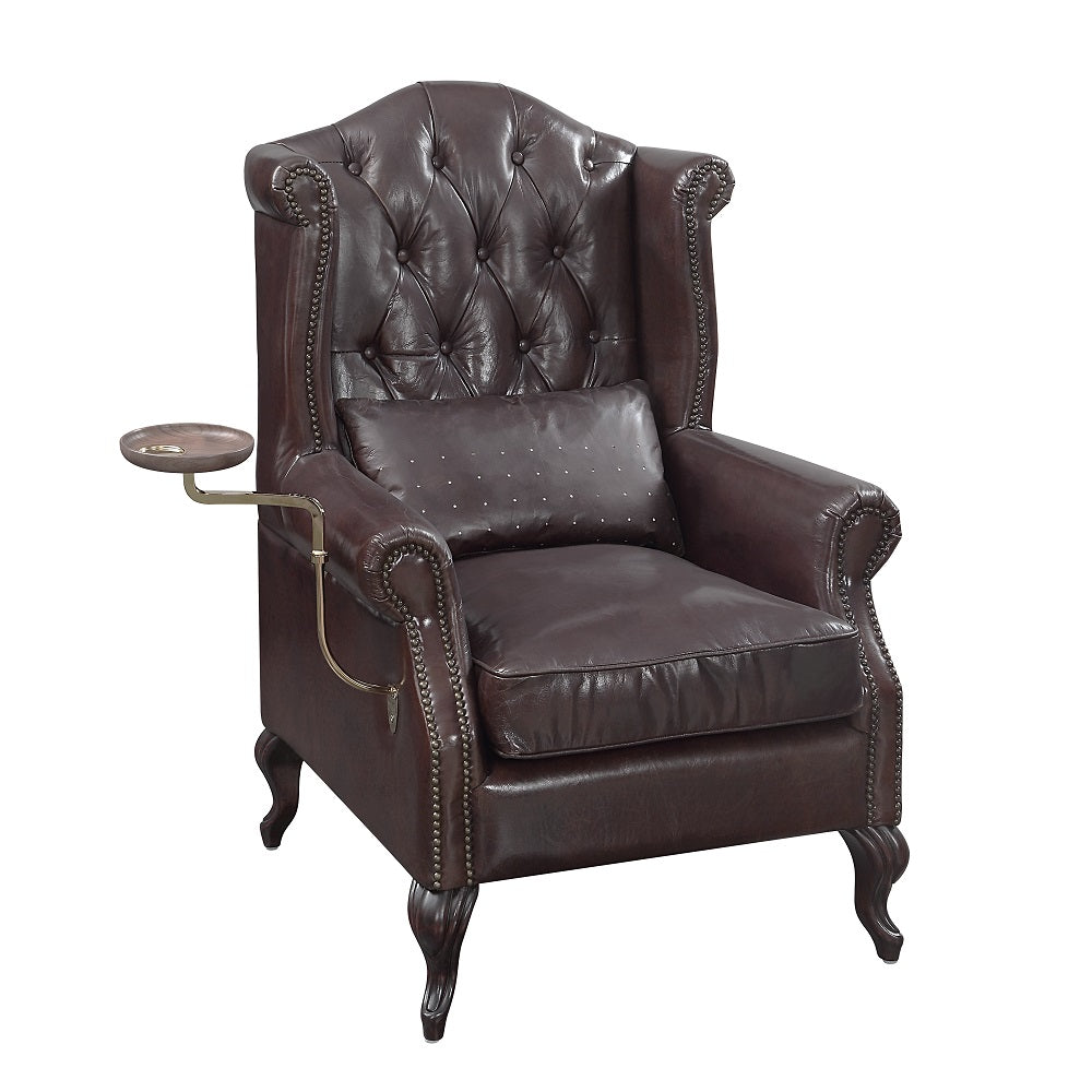Pino Button-Tufted Leather Accent Chair with Pillow