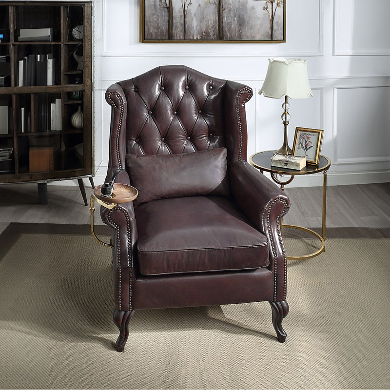 Pino Button-Tufted Leather Accent Chair with Pillow - Nailhead Trim in Vintage Brown Top Grain Leather