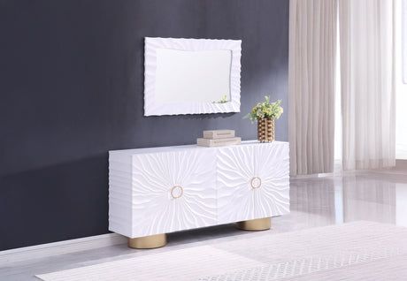Interior storage view of the Cyrus sideboard showing two shelves and four doors.