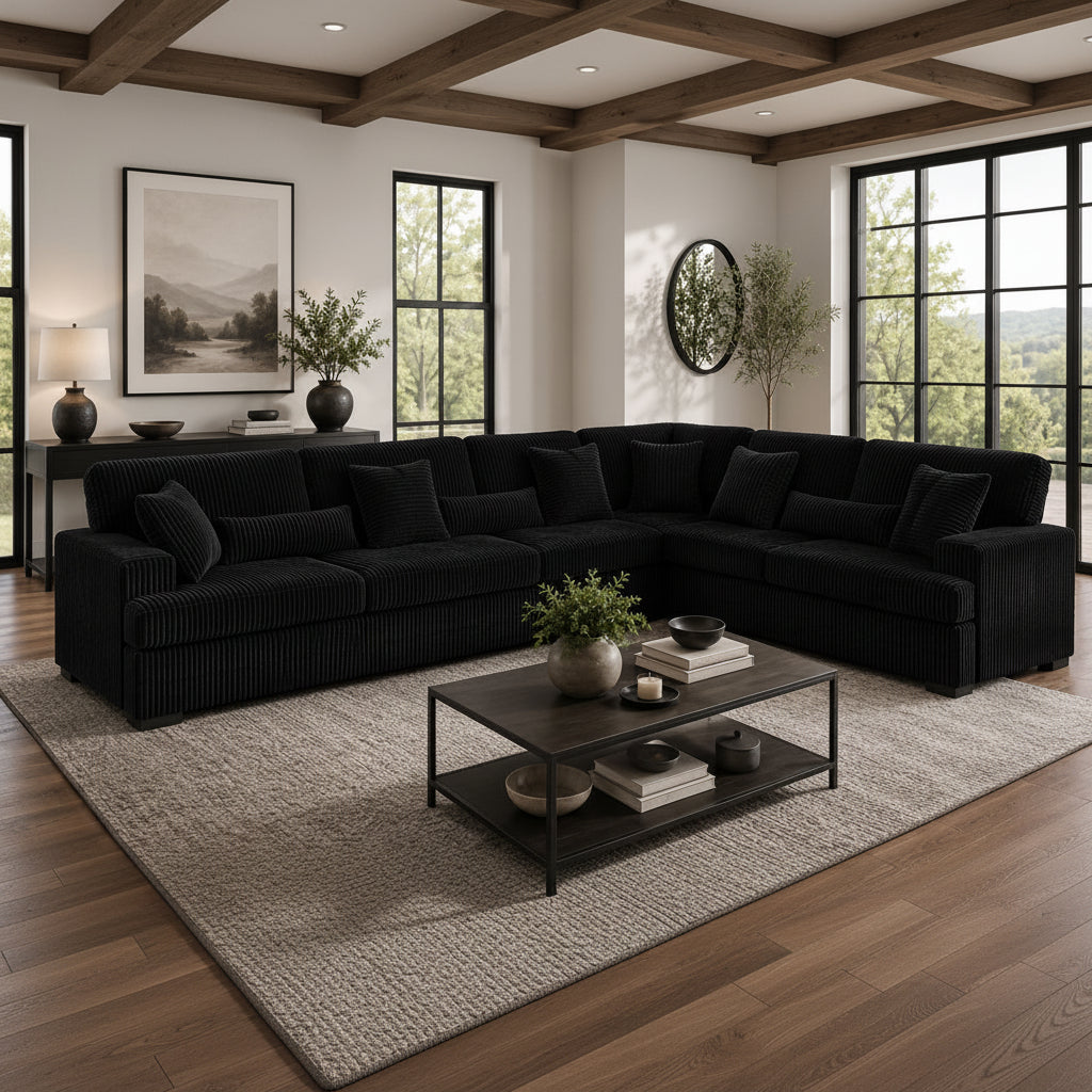 Modern living room with a black sectional sofa, coffee table, and decorative elements.