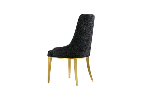 Side profile of Stylus contemporary dining chair showing the curved silhouette and flared gold legs.