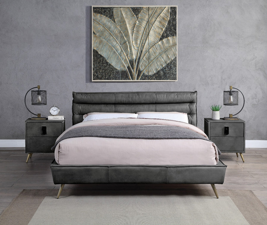 Doris Top Grain Leather Upholstered Bed - Metal Legs in Gray or Vintage White