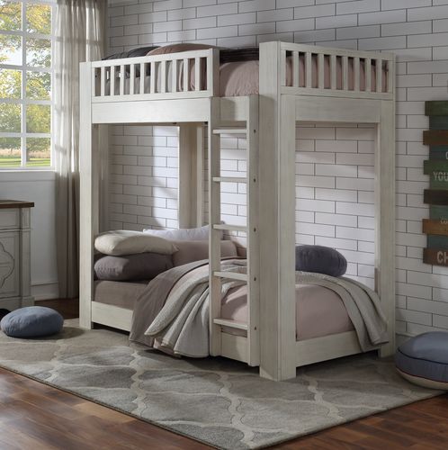 Cedro Twin over Twin Bunk Bed - Slatted Guardrails & Fixed Ladder in Weathered White