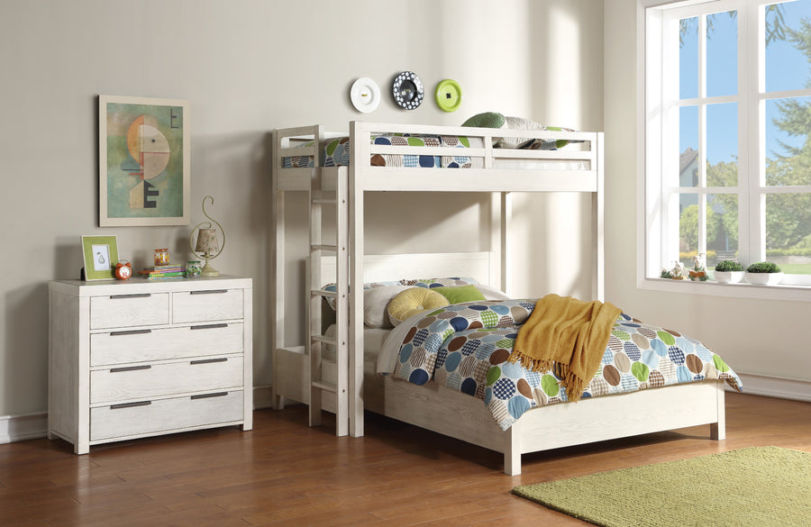 Celerina Queen Loft Bed & 5-Drawer Chest - Space-Saving Design in Weathered White