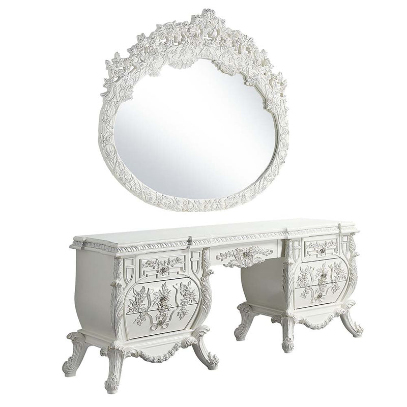 Vanaheim Vanity Desk - Scrolled Floral Carving & Gold Trim in Antique White