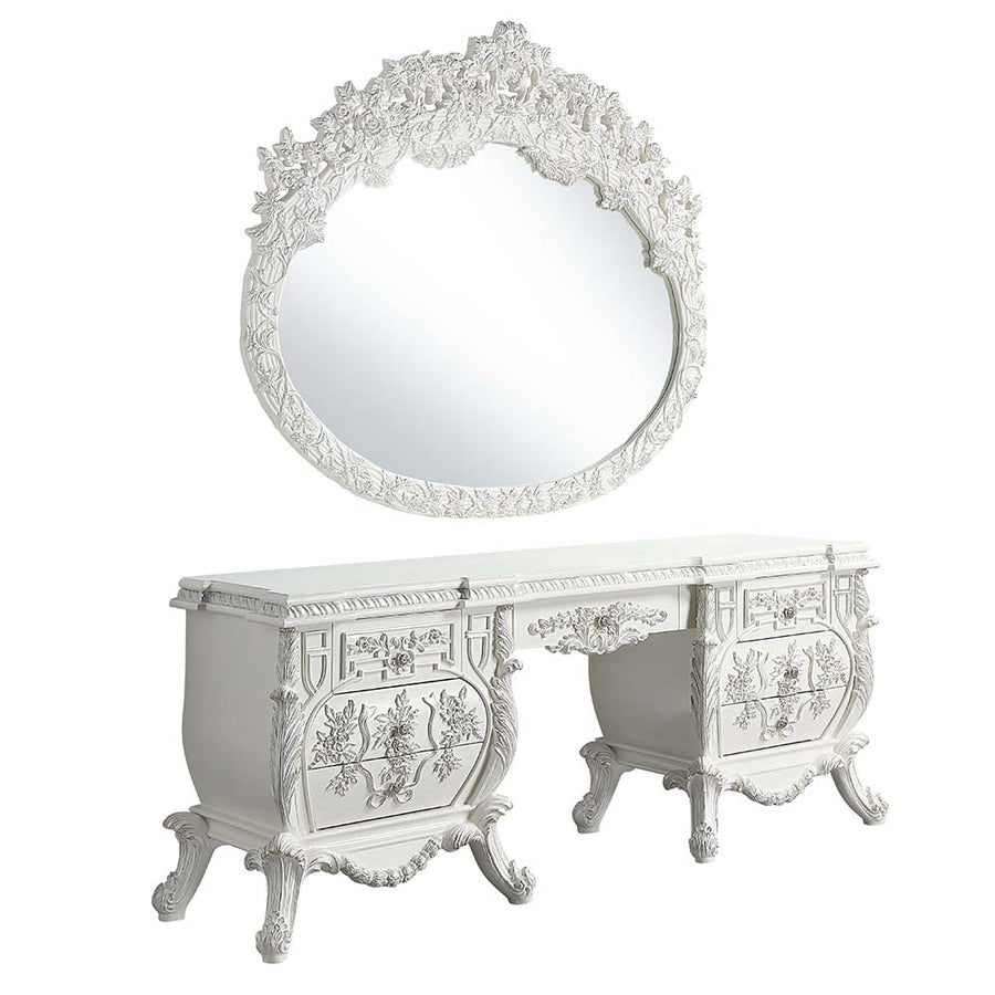 Vanaheim Vanity Desk - Scrolled Floral Carving & Gold Trim in Antique White