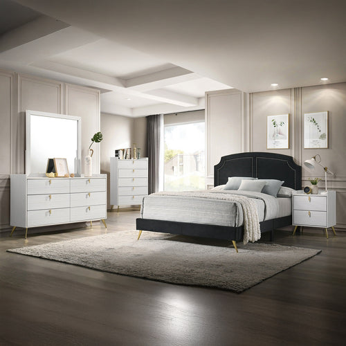 Zeena Eastern King Upholstered Bed - Gold Nailhead Trim & Metal Legs in Black Velvet
