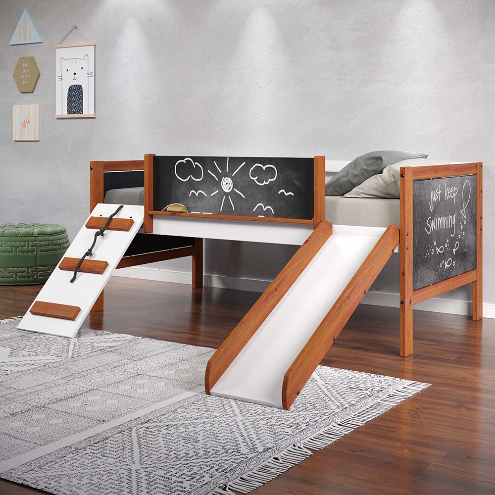 Aurea Twin Loft Bed with Slide & Chalkboard Panels