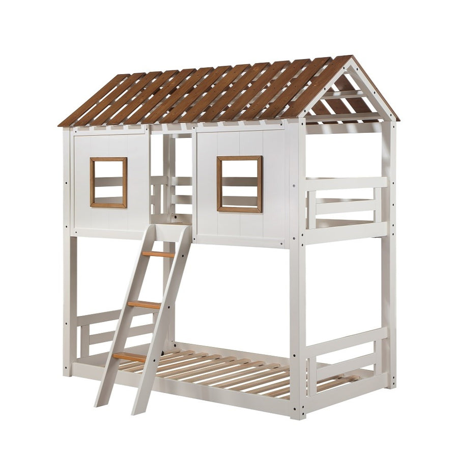 Inara House-Shaped Twin over Twin Bunk Bed - Removable Ladder in White & Rustic Oak