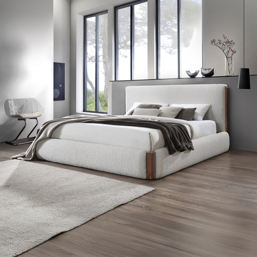 Sandro Upholstered Bed - Snuggly Beige Bouclé with Walnut Wood Accents