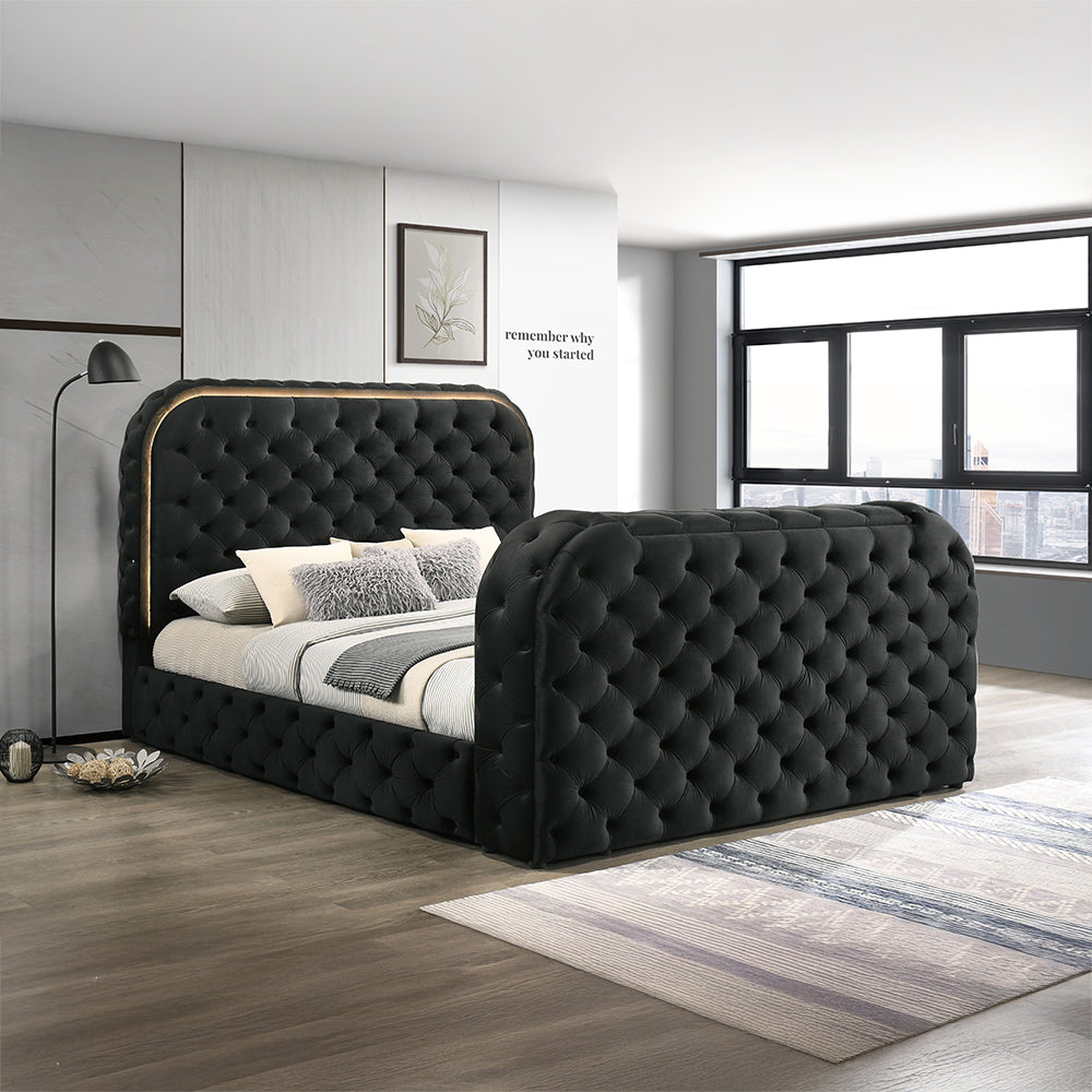 Kana Velvet Smart Bed with LED Headboard, Fireplace & Lift TV Stand