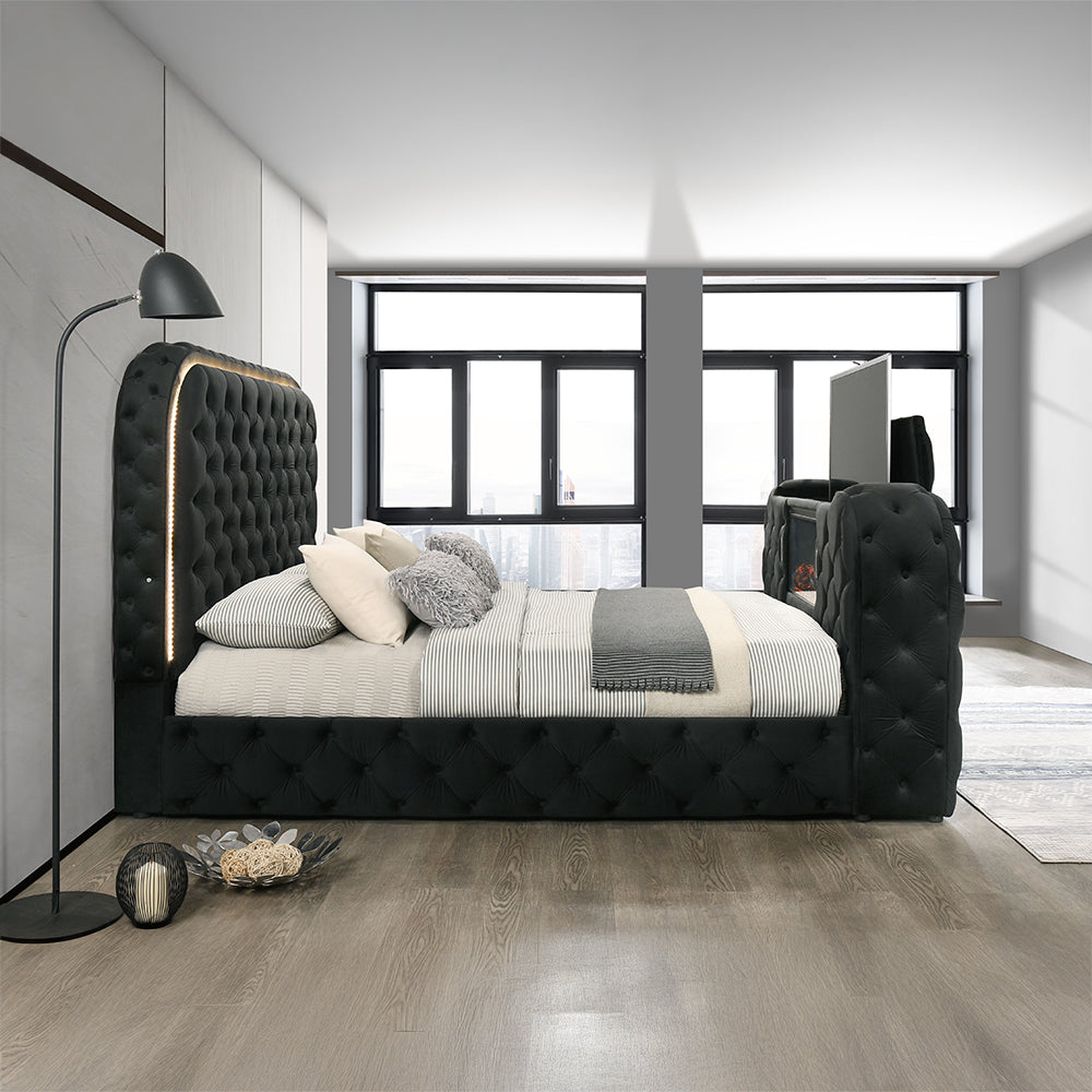 Kana Velvet Smart Bed with LED Headboard, Fireplace & Lift TV Stand