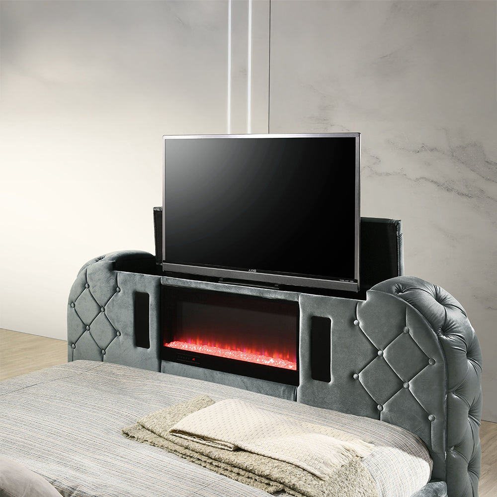 Kana Velvet Smart Bed with LED Headboard, Fireplace & Lift TV Stand