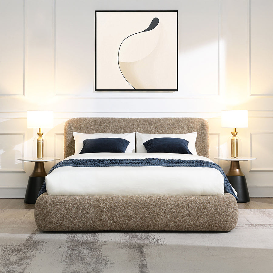 Erica Padded Upholstered Bed - Tool-Free Assembly & 15-Slat Support in Dark Beige Tweed