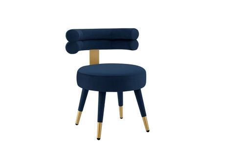 Rear view of the chair highlighting the unique cylindrical backrest support and polished legs.