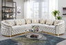 Close up of deep button tufted backrest on gray velvet sectional sofa