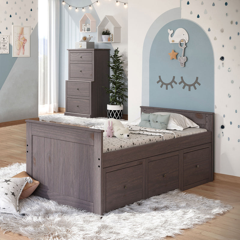 Marinos Rustic Twin Captain Bed with Underbed Drawers - Solid Brazilian Pine in Gray or Mahogany