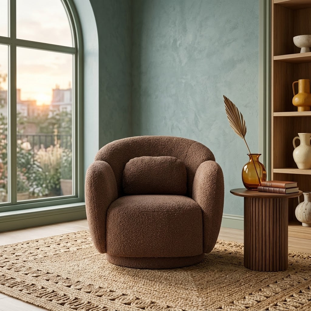 Misty Textured Boucle Accent Chair with rounded lounge profile and coordinating pillow