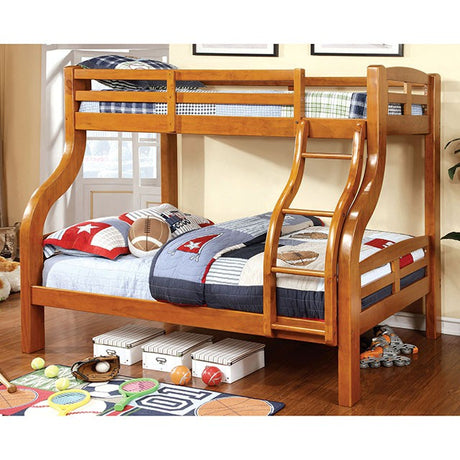 Solpine Twin over Full Bunk Bed - Curved Solid Wood Design with Attached Ladder in Oak, Espresso or Gray - cm-bk618-z