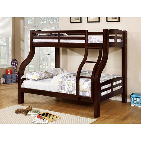 Solpine Twin over Full Bunk Bed - Curved Solid Wood Design with Attached Ladder in Oak, Espresso or Gray - cm-bk618ex-z