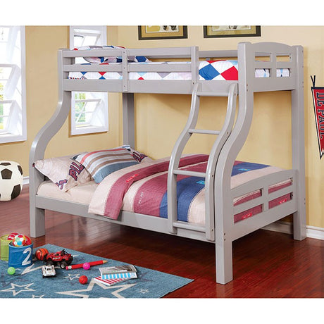 Solpine Twin over Full Bunk Bed - Curved Solid Wood Design with Attached Ladder in Oak, Espresso or Gray - cm-bk618gy-z