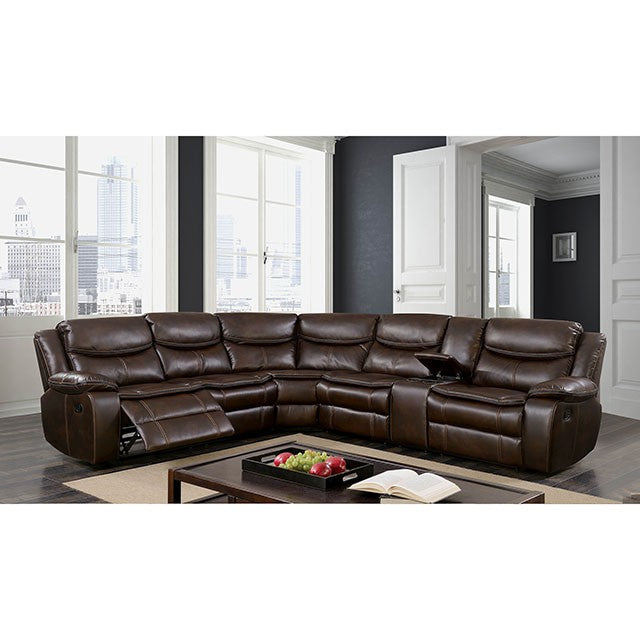Pollux Transitional Reclining Sectional with Cup Holders & Console - Breathable Leatherette in Brown or Dark Gray - cm6982br-1