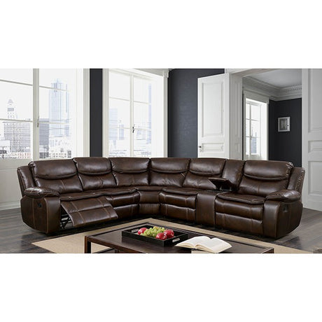 Pollux Transitional Reclining Sectional with Cup Holders & Console - Breathable Leatherette in Brown or Dark Gray - cm6982br-1