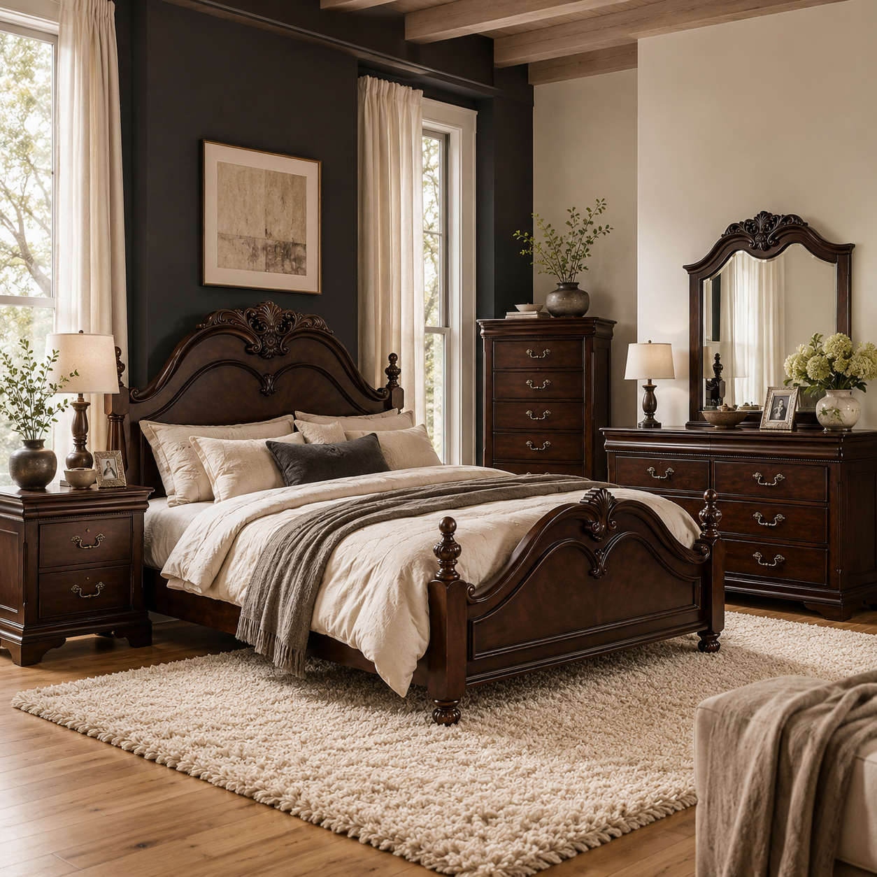 A classic dark wood bed with an ornate carved headboard and footboard, styled in a cozy bedroom with beige and gray bedding, a matching dark wood nightstand, dresser, and mirror.